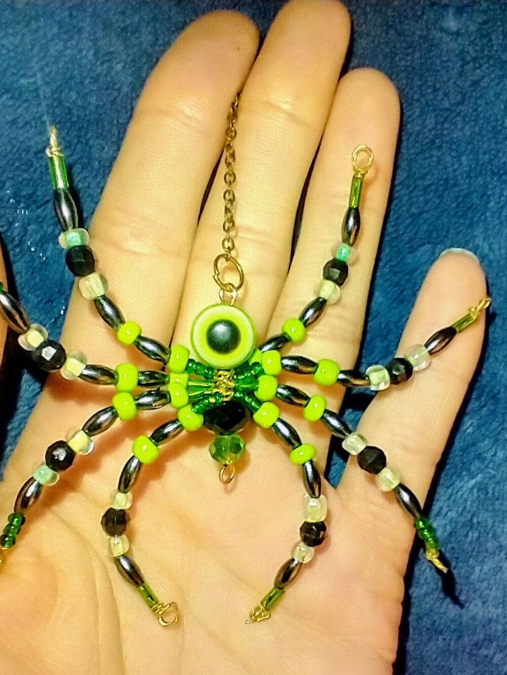 Handmade • Green & Black Beaded Spider Pendant